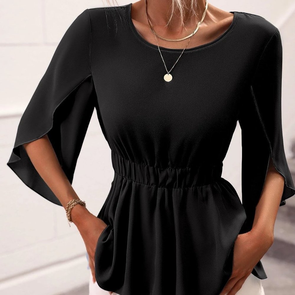 Black Boho Womens Knot Back Split Sleeve Blouse